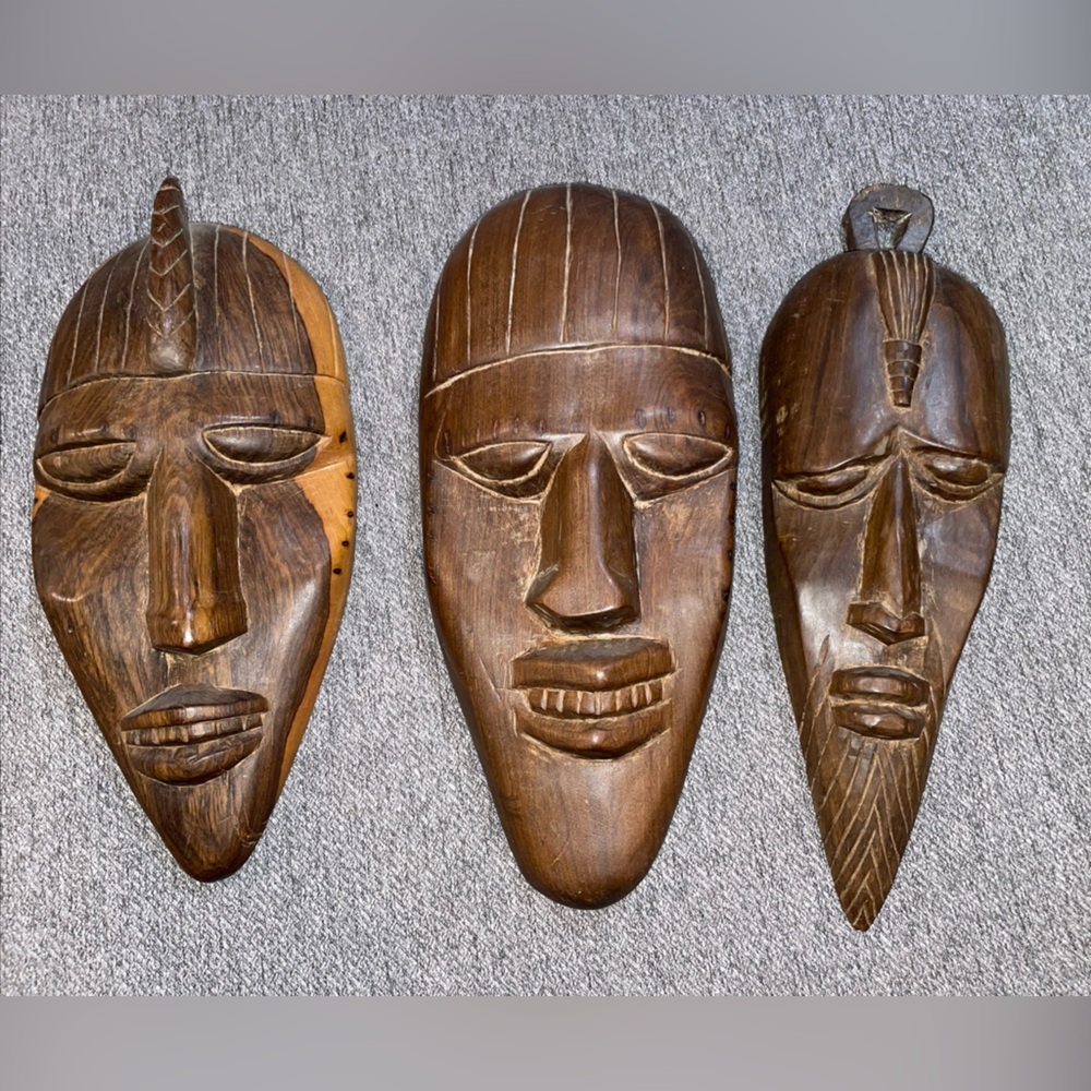 Vintage Wooden Hand Made Carved African Tribal Mask Wall Art Collection Of 3